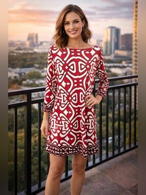 LAUNDRY BY DESIGN Geometric Print Sheath Dress Sz 10 Mod Retro Jersey Stretch